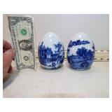 2 VINT BLUE & WHITE POTTERY EGGS