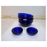 **6 COBALT BLUE GLASS BOWLS & CANDLE HOLDERS
