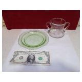 *2 PIECES OF URANIUM GLASS SAUCER HAS FLEA BIT