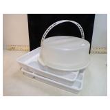 **2 SILVERWARE TRAYS & TUPPERWARE CAKE CONTAINER