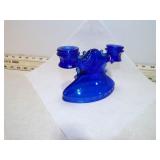 COBALT BLUE GLASS CANDLE STICK HOLDER GLOWS