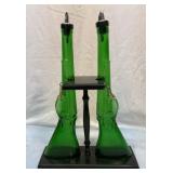 Vtg green glass shotgun decanters with stand