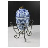 Beautiful Blue & White Egg Brass Ends Metal Stand Beautiful Blue & White Egg Brass Ends Metal Stand