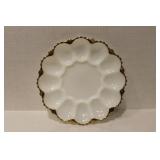 Gold Trimed Milk Glass Devil Egg Plate 10"
