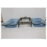 2 Blue Pyrex 9 x 22 & Silver Warmer Base 8 1/2 x 1
