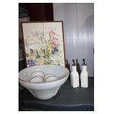 Framed Tile Milk Glass Punch Bowl Storage Bottles