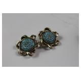 Vtg Turquoise Matrix Rhinestone Round Clip-on Earr