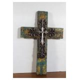 Vintage Wrought Iron Cross on Wood 9 x 13 1/2