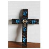 Vintage Wood Cross  With Blue & Black Crystals 5 x