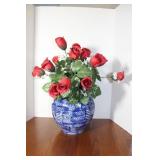 Blue /White Vase  9 1/2 & Silk Roses