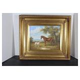 Wood Gold Framed  Canvas Artwork  Horse & Dog  R