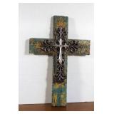 Vintage Wrought Iron Cross on Wood 9 x 13 1/2