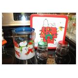 Snoopy Tin can & Glass Jars and Plastic Jar
