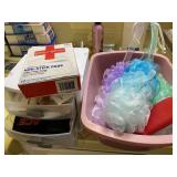 Lot of First Aide Items & Bath Loofers