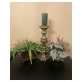 2 artificial plants and large candle holder