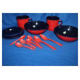 Enamel Red Cups, Bowls and Spoons