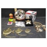 TIN OF MISC BUTTONS,INFLATOR,DECOR & MORE