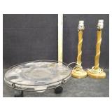 ROLLING PLANTER BASE, 2 WOOD LAMPS