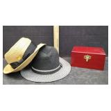 2 HATS & WOODEN STORAGE BOX