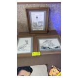 Three framed drawings