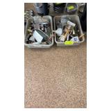 Two large tubs of assorted kitchen supplies