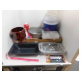 KITCHEN LOT- STRAINERS, BAKING DISHES, BEV COOLER
