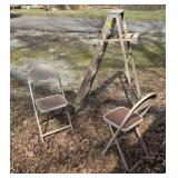 Wooden Step Ladder  and 2 Vintage Metal Chairs