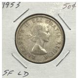 1953 50 Cents Silver Coin- SF Large Date (LD)