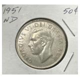 1951 50 Cents Silver Coin- Narrow Date (ND)