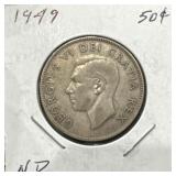 1949 50 Cents Silver Coin- Narrow Date (ND)