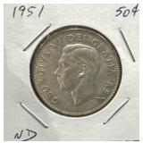 1951 50 Cents Silver Coin- Narrow Date (ND)
