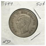 1949 50 Cents Silver Coin- Narrow Date (ND)