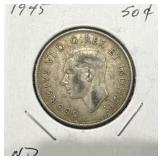1945 50 Cents Silver Coin- Narrow Date (ND)