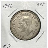 1946 50 Cents Silver Coin- Narrow Date (ND)
