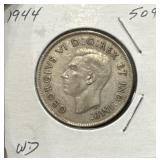 1944 50 Cents Silver Coin- Wide Date (WD)