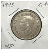 1943 50 Cents Silver Coin- Wide Date (WD)