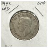 1942 50 Cents Silver Coin- Wide Date (WD)