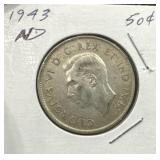 1943 50 Cents Silver Coin- Narrow Date (ND)