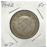 1942 50 Cents Silver Coin- Wide Date (WD)
