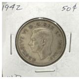 1942 50 Cents Silver Coin- Wide Date (WD)