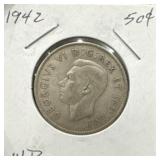 1942 50 Cents Silver Coin- Wide Date (WD)