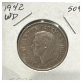 1942 50 Cents Silver Coin- Wide Date (WD)