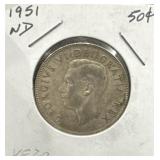 1951 50 Cents Silver Coin- Narrow Date (ND)