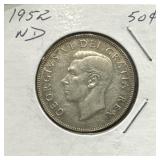 1952 50 Cents Silver Coin- Wide Date (WD)