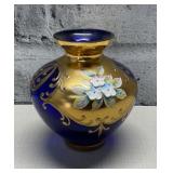 Vtg. Bohemian Cobalt Blue Hand Painted Vase.