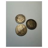 BARBER SILVER QUARTER DOLLAR US COINS LOT OF 3