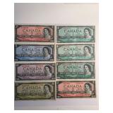 Canada Currency 1954 Series Lot of 8 Banknotes