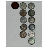 Canada Dimes 1938-1968, Penny 1934 Lot of 12 Coins
