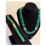 Malachite and 14Kt Gold Necklace and Bracelet Set
