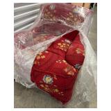 Pair Red Lounge Armchairs Floral & Fringe